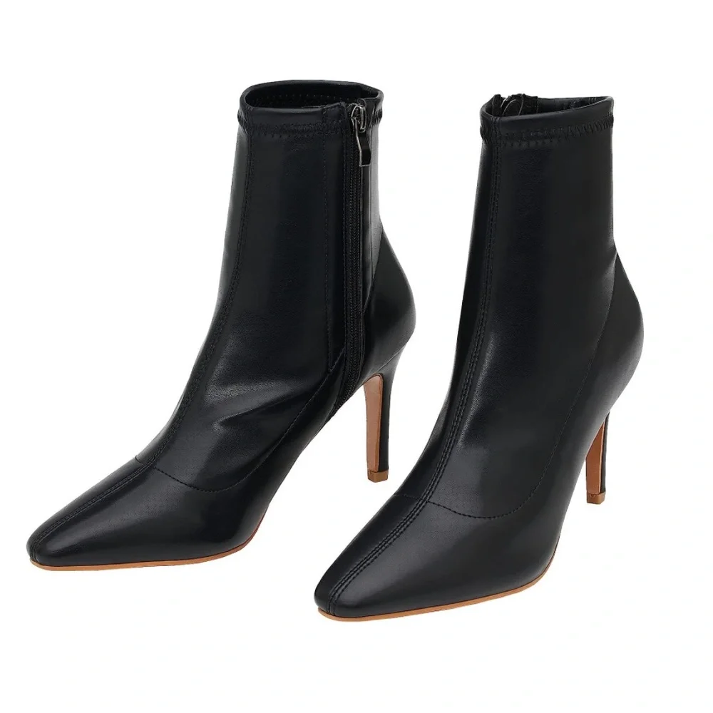 Black Leather Pointed-Toe Ankle Booties - Women's Fashion Booties - Picture 2 of 9